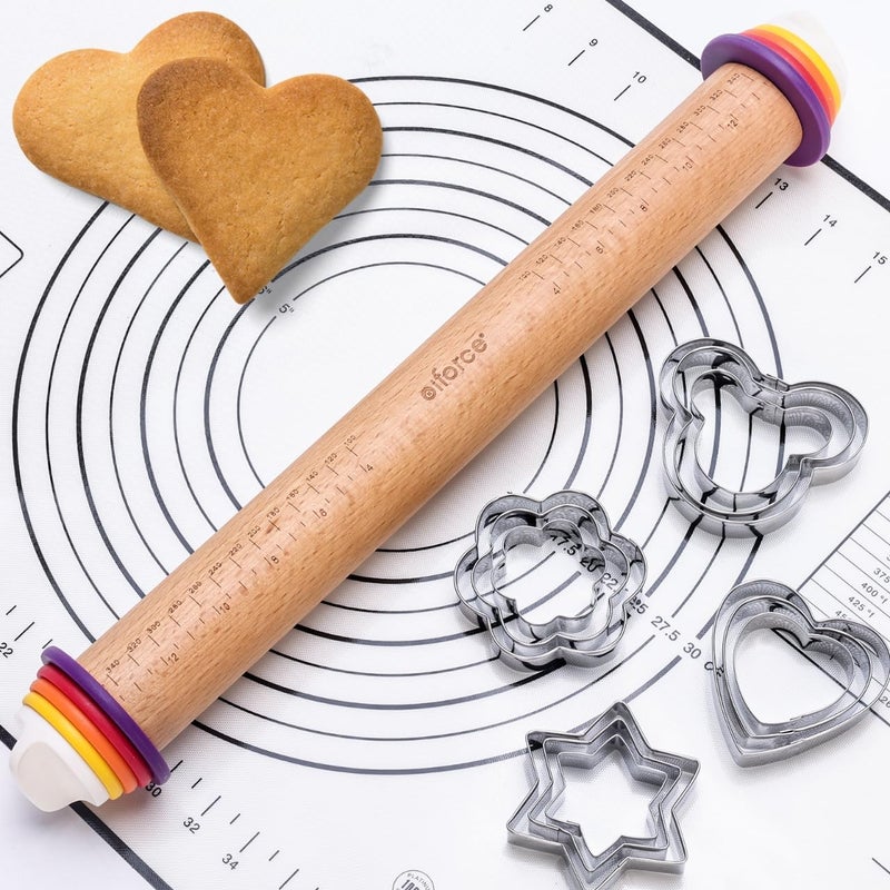 Olforce Wooden Rolling Pin with Thickness Rings and Pastry Baking Mat, Pizza, Cookie, Bread, Pie Crusts,Roller Rod for Dough Thickness, 13.6" with 4 Multicolored Thickness Rings&Cookie Molds - Image 1